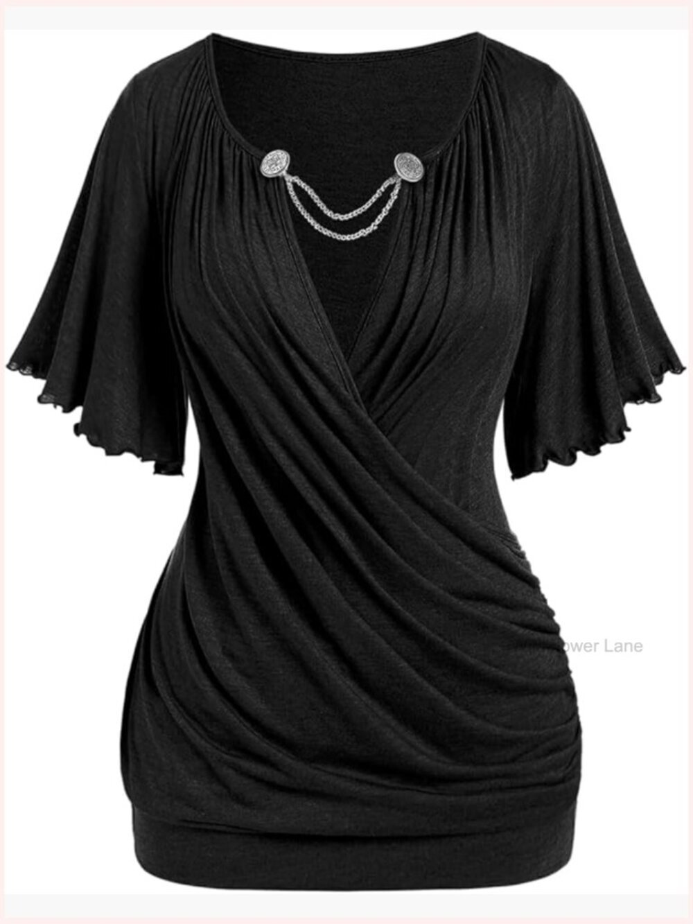 Plus Size Chain Embellished Ruched Blouson Tee V-Neck